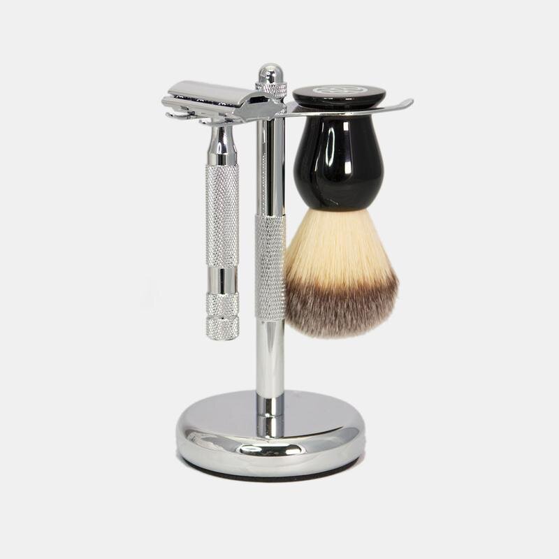 Rockwell Shaving Set with 2C Razor, Stand & Synthetic Brush – White Chrome
