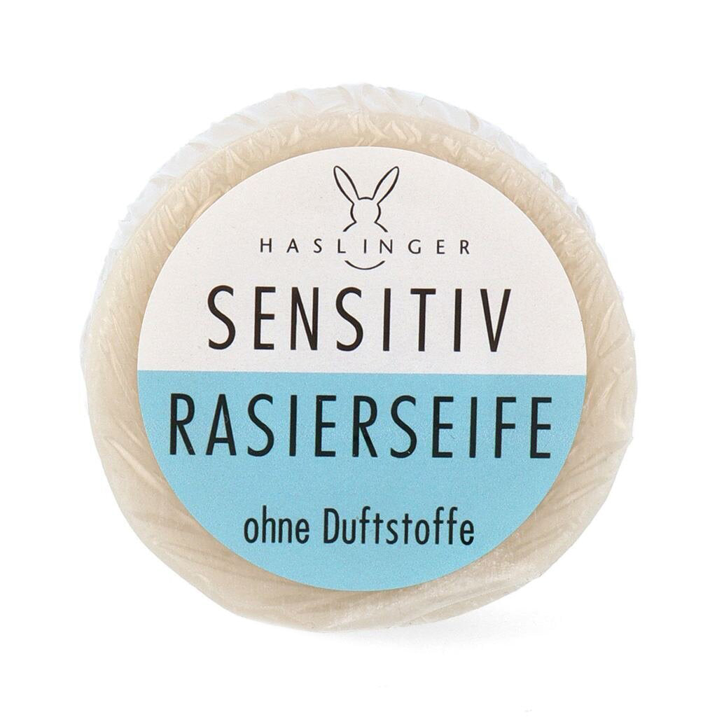 Haslinger Sensitive Shaving Soap with Case - Fragrance-Free Protection 60g