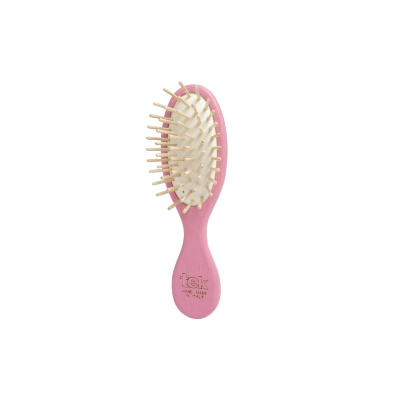 TEK No132022 Small Oval Purse Brush - 100% FSC Ash Wood & Hornbeam Pins (Pink)