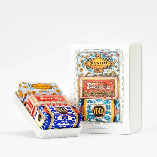 Claus Porto Deco Gift Set - Porcelain Soap Dish & 3 Mini Soaps (Banho, Favorito, Voga)