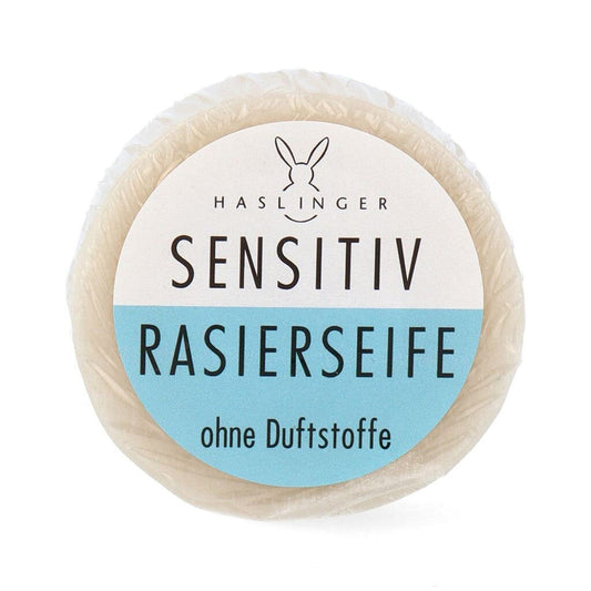 Haslinger Sensitive Shaving Soap with Case - Fragrance-Free Protection 60g